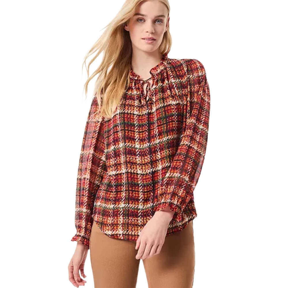 Jones New York Women's Printed Tie-Neck Ruffled-Neck Peasant Blouse NEW